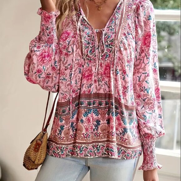 NWOT Floral Lantern Long Sleeve V-Neck Blouse-Tie Detail Top for Fall Size L - Picture 3 of 3